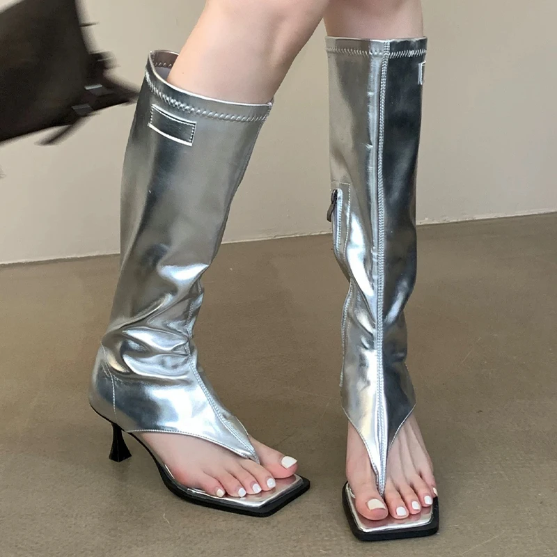 

Women Square Toe High Cool Boots Sandals Clip Toe Fashion Summer Shoes 2026 Designer New Slippers Woman Knee High Boots Slides
