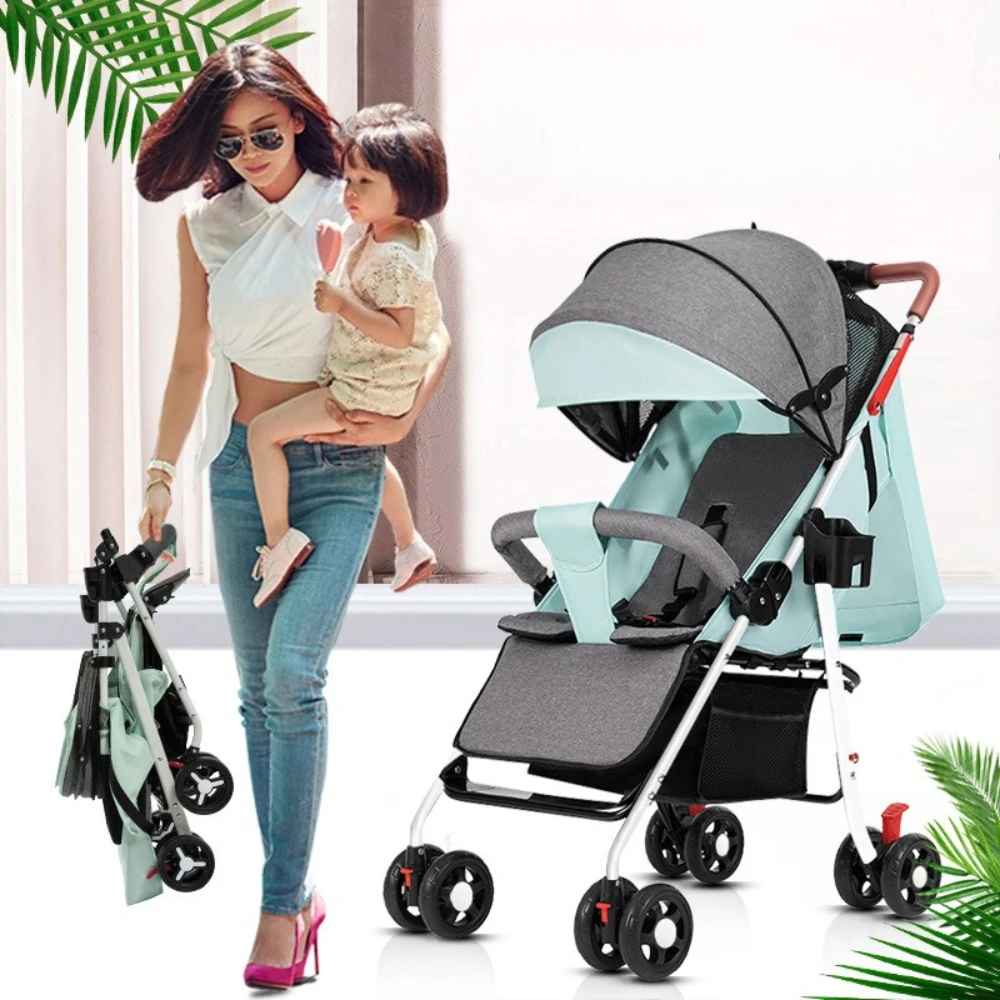 One-Hand Fold Baby Stroller, Lightweight Reclining Pushchair, Compact 4-Wheel Travel Stroller, Portable for Airplane & Car
