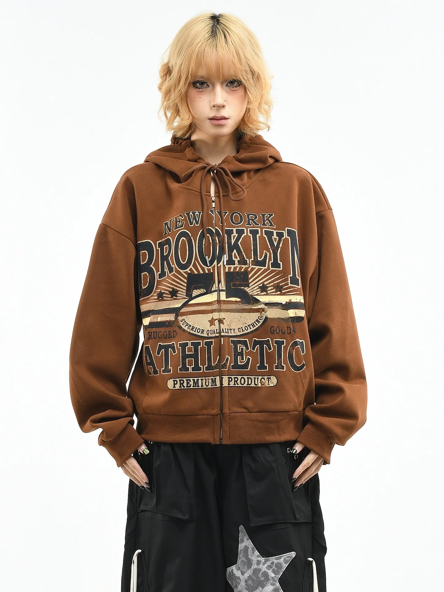 

OV Original American Retro Spotted Letter Print Hoodie Women's Loose ort Zipper Open Cardigan Jaet Spring Faion Cotton