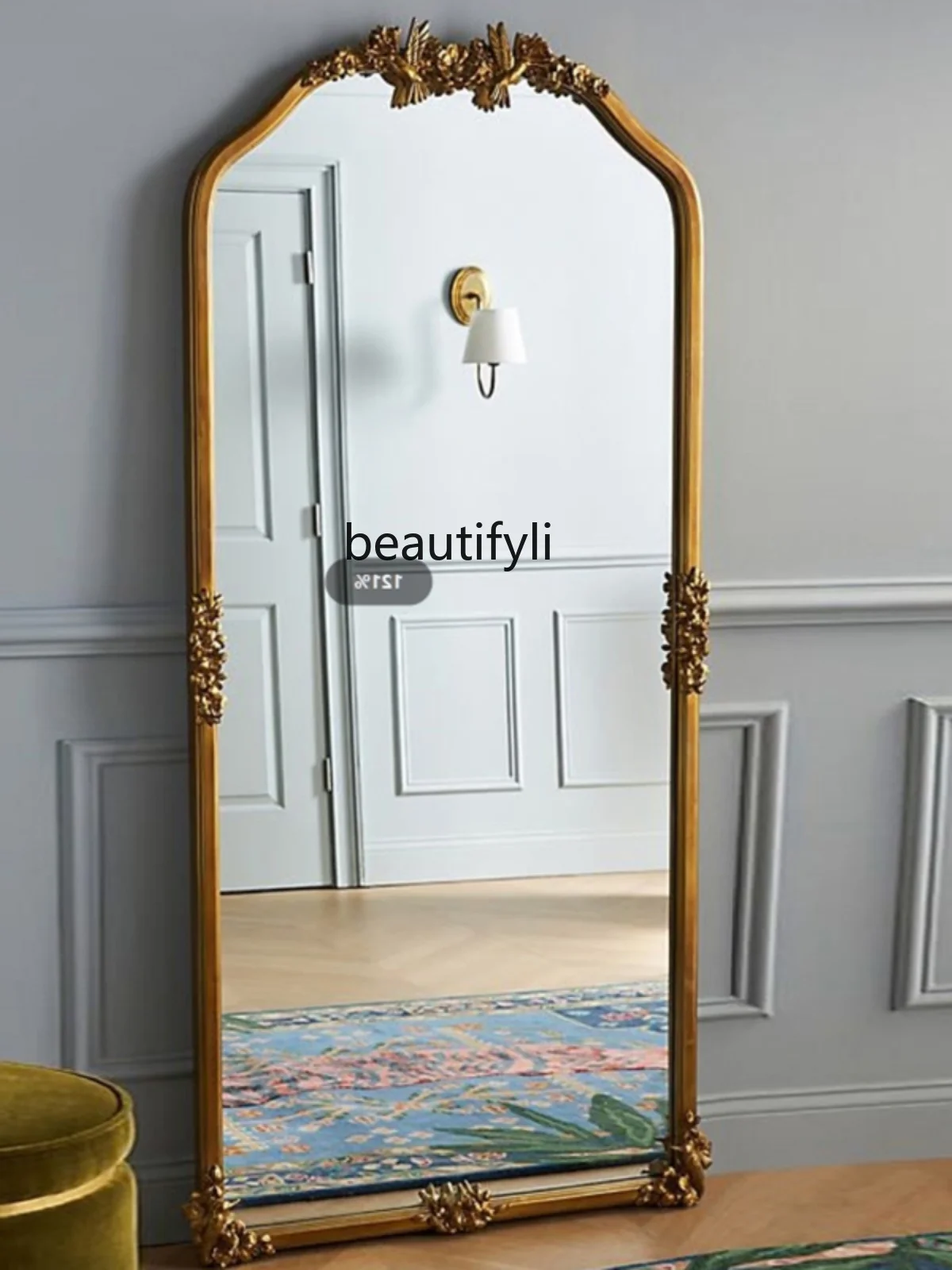 Retro Mirror Wall-Mounted Dressing   Mid-Ancient Full-Length  French Carved Floor Mirror Living Room Dressing Mirror