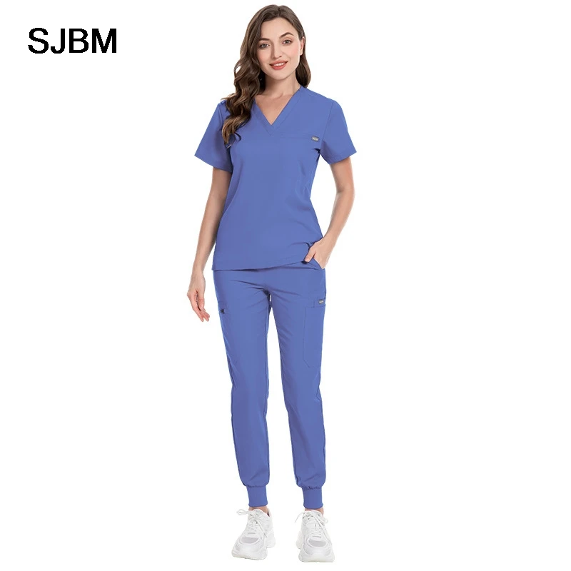 医療用スクラブセット、看護師用スクラブスーツ、病院医師用作業服、多色ジョギングトップパンツ、卸売医療サービススクラブ