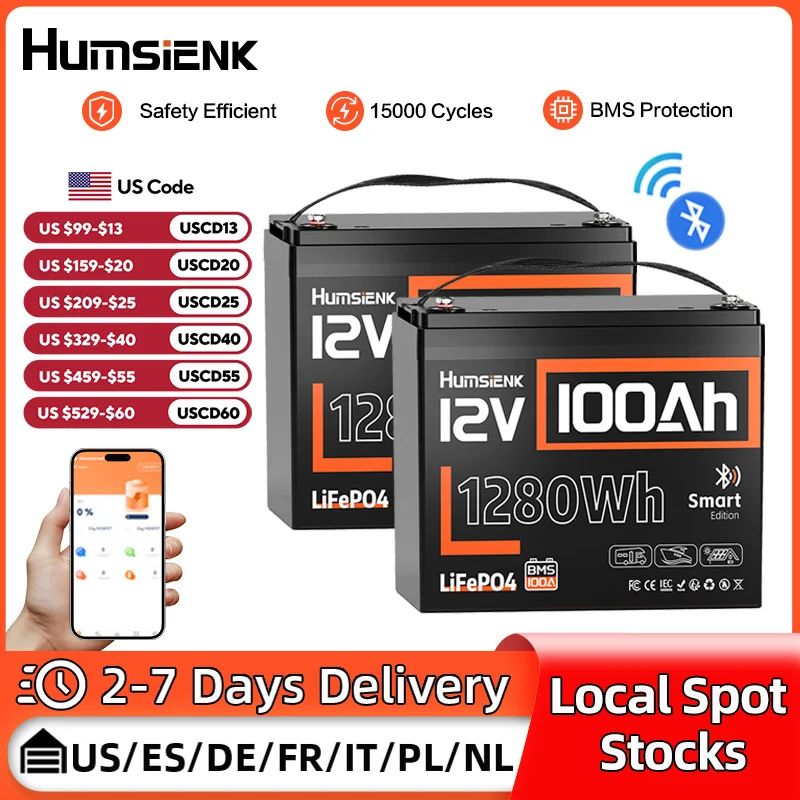 

Литиевая батарея Humsienk LiFePO4, 12 В, 100 Ач, встроенная батарея BMS, 100 А, перезаряжаемая для автофургонов/фургонов/гольф-каров/морского хозяйства/кемпинга/самосеты