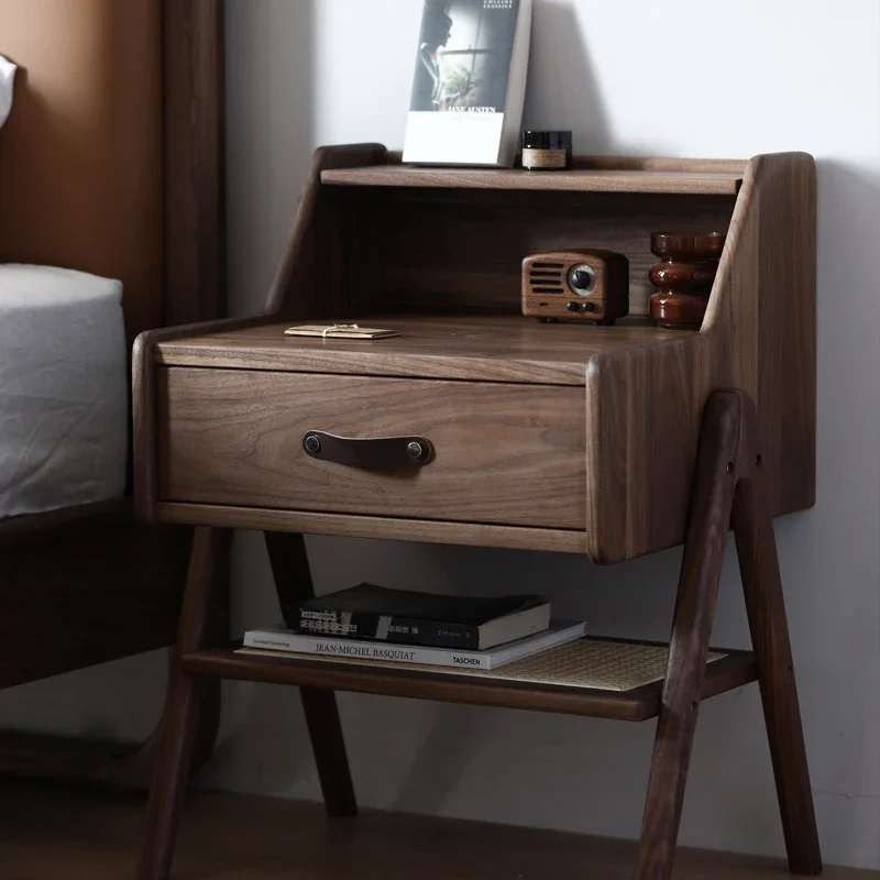 Bedroom Bedside Table Black Walnut Double-Layer Sofa Side Cabinet Side Table Multifunctional Locker