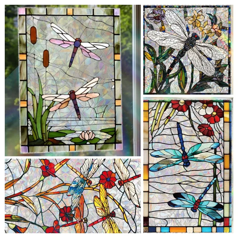 Dragonfly Sun Catcher Static Cling Film 3D Stained Glass Window Film Retro Privacy Sticker For Shower Windows Living Room Decor