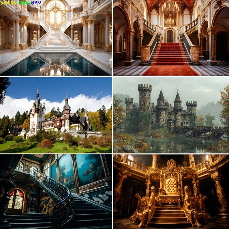 

Beautiful Castle Architecture Staircase Photography Backdrops Medieval Fantasy Hallway Bookshop Cathedral Photo Background CT-03