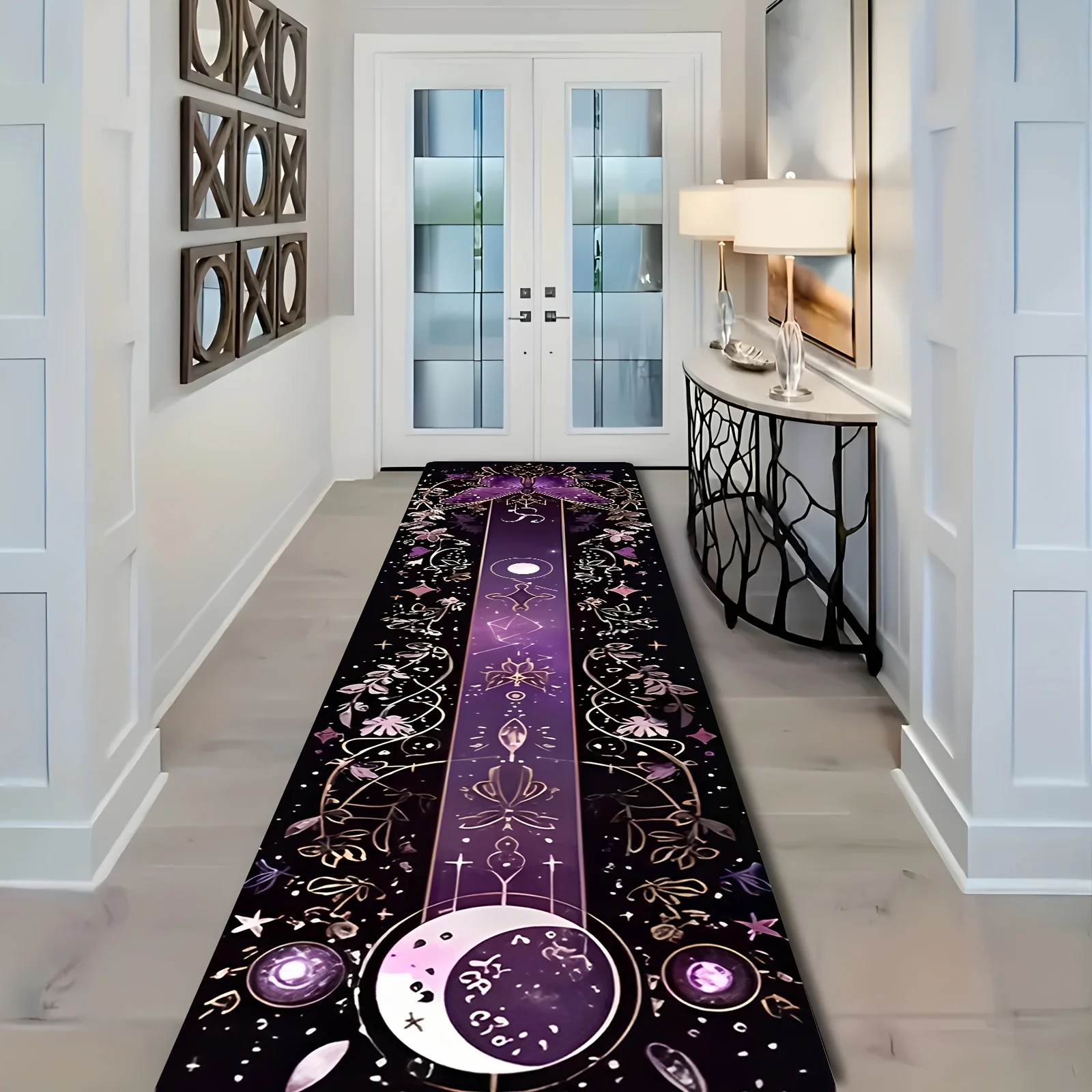 1pc Moroccan Hallway Rug with Purple Moon & Stars - Non-Slip Machine-Washable Long Runner Suitable for Narrow Corridor, Bedsid