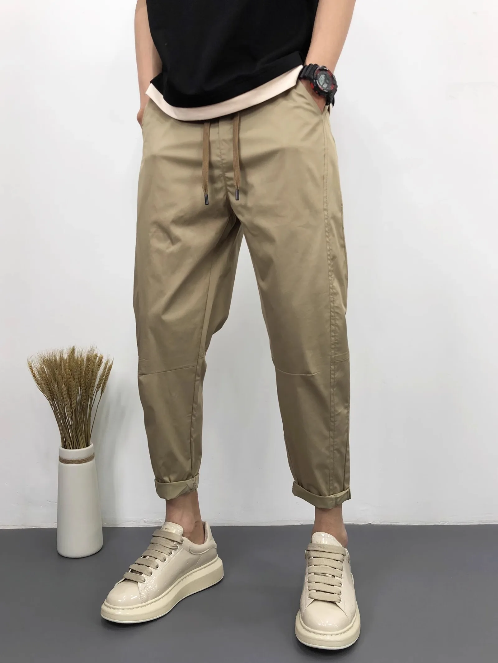 

Летние тонкие повседневные брюки, мужские свободные девятифутовые прямые брюки, хаки, широкие брюки-шаровары, рабочая одежда, дышащие, молодежные...