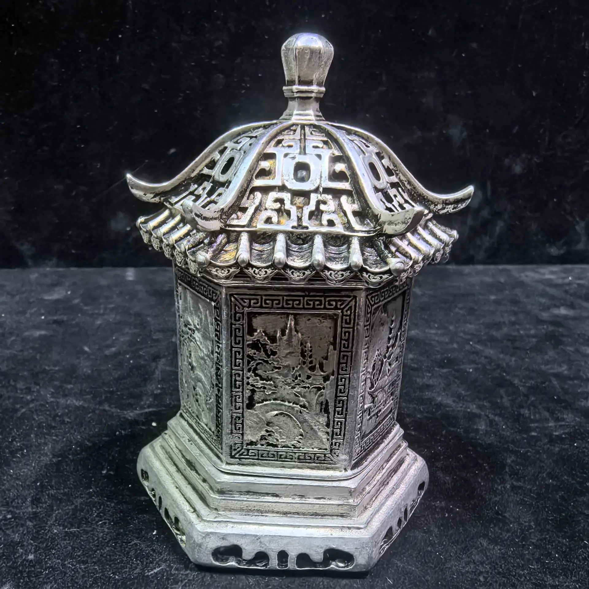 Craft antique incense burner hollow hexagonal pavilion retro incense burner craft decoration bronze ornaments