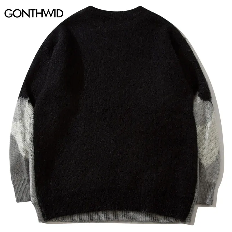 Cat Graphic Knitted Sweater Men Oversized Hip Hop Streetwear 2023 Autumn Pullover Black Loose Casual Jumper