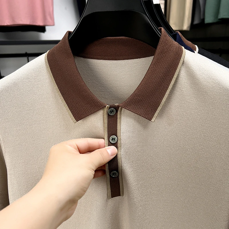 New Breathable Silk + Linen Knitwear Summer 2026 Men Trendy Lyocell Knit Polo shirt Short Sleeve Patchwork Soft Knitting Shirts