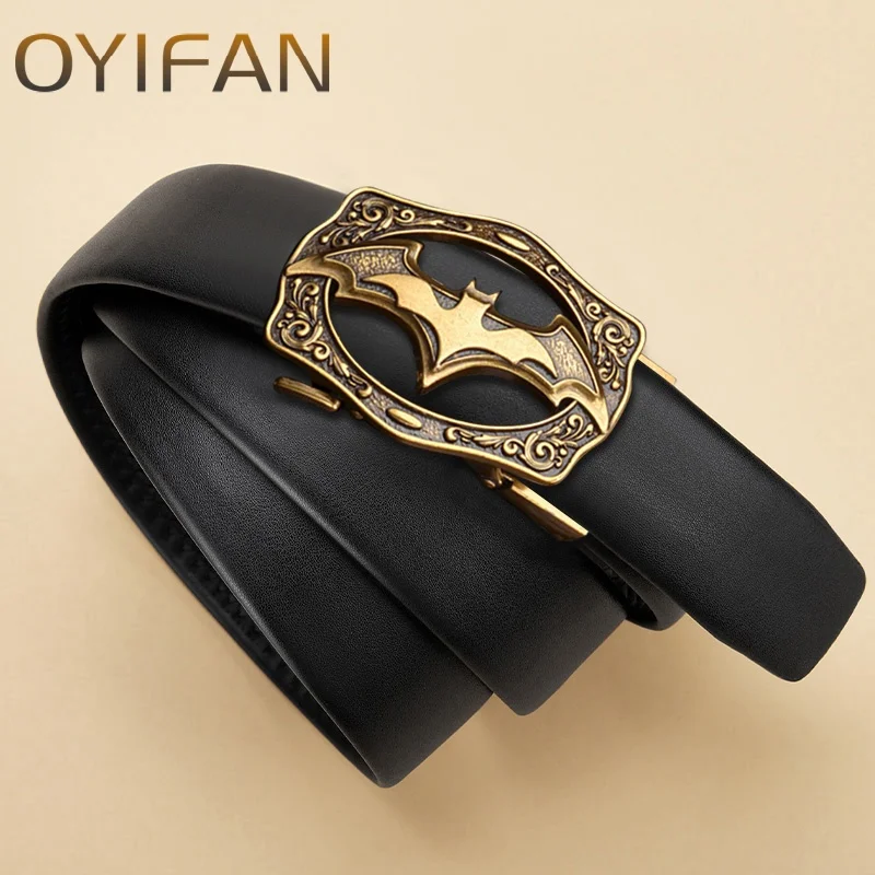 OYIFAN Fashion Men's Belt Genuine Leather Belt, Bat Shape Buckle, Vintage Personalized Belt, Young Mans Belt for Men