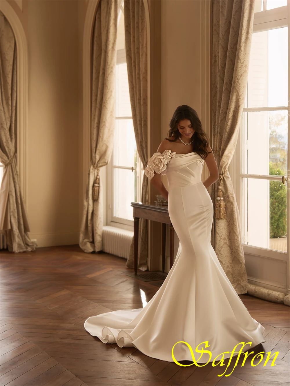 فستان سهرة رائع من الساتان بدون حمالات مخصص، فساتين زفاف حورية البحر رشيقة، فساتين مناسبة خاصة على شكل زهور