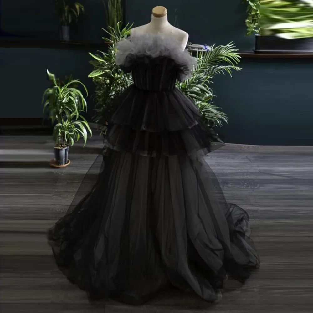 FORMALS Strapless Black Gary Tulle Ball Gown Layered Evening Dress With Train Floor Length Ruffled Sleeveless Women Clothing