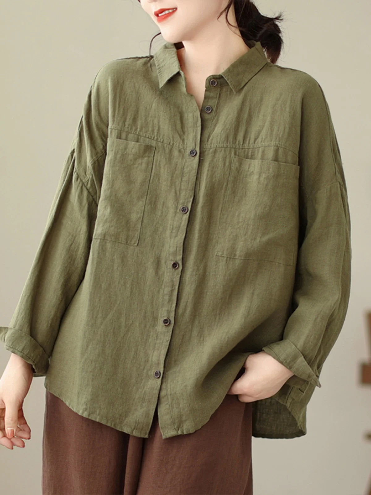 

Retro Cotton Linen Long Sve irt Women's Loose Casual Collar Double ket Jaet Top Spring 2025 Commute Sle Pure Color