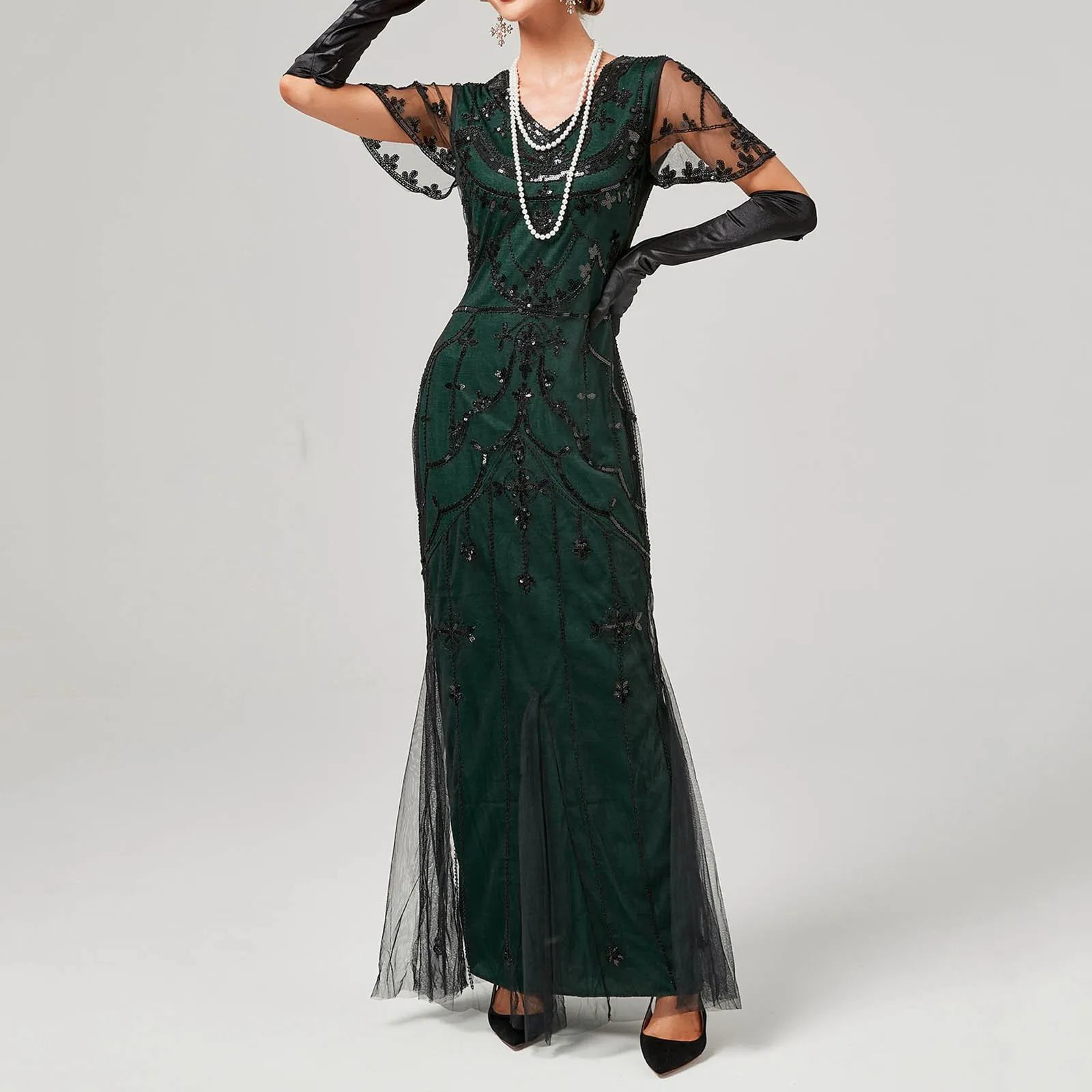 Retro 1920s Flapper Long Sequin Dress Banquet Party Evening Dress Ladies Gatsby Dress Wedding Gown Stage Cosplay Costume