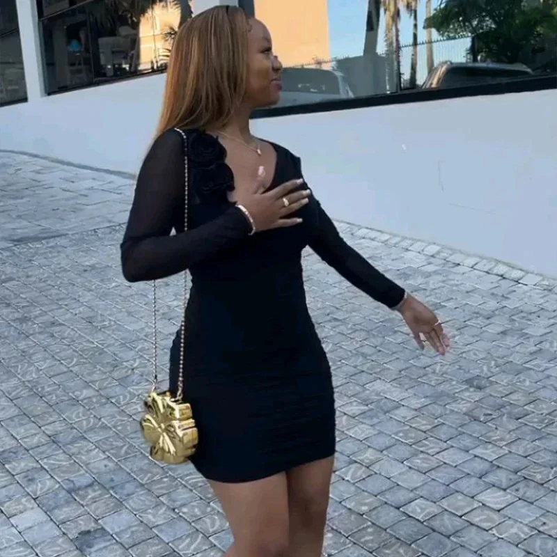 

Elegant Slim Bodycon Mini Dress Women Long Sleeve Mesh Patchwork One Shoulder Ruched Solid Color Office Party Clubwear 2025 New