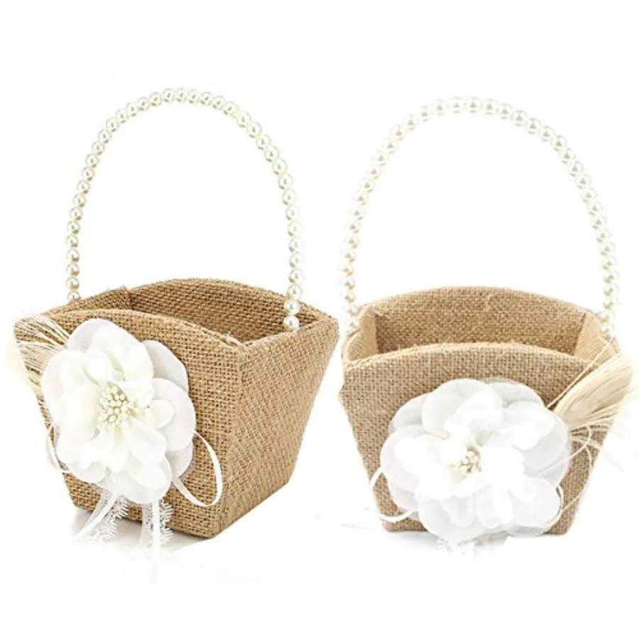 Cesta de flores de arpillera para niña, mango de perla para ceremonia de boda rústica Vintage, encaje blanco pequeño, 2 uds.