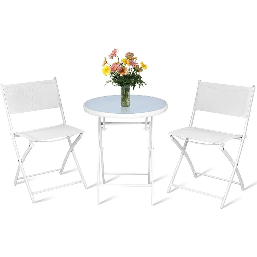 

3-Piece Bistro Set, Folding Chairs and Table for Indoor Outdoor Patio Balcony Garden Poolside (White)