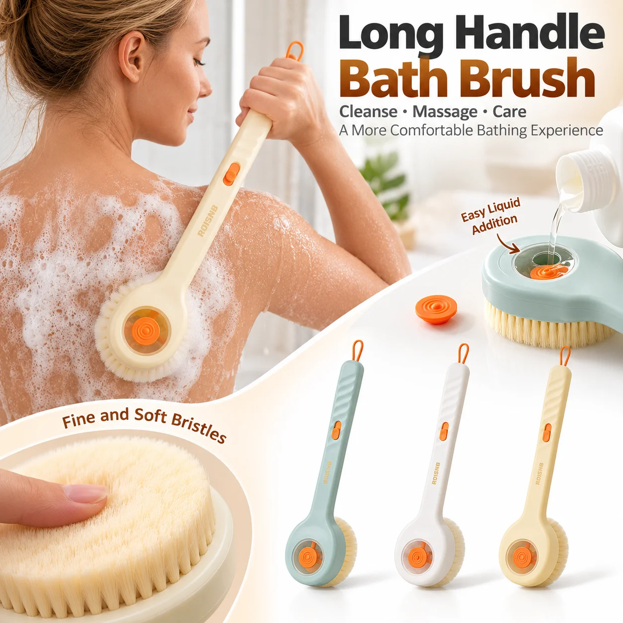 Long Handle Liquid Filled Soft Hair Bath Brush Soap Dispenser Back Rubbing Exfoliating Massage Scrubber for Shower Body Cleaning