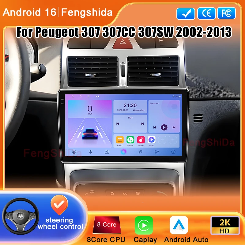 Radio de coche Android Auto para Peugeot 307 307CC 307SW 2002-2013 Carplay reproductor de vídeo Multimedia navegación GPS unidad principal estéreo dvd