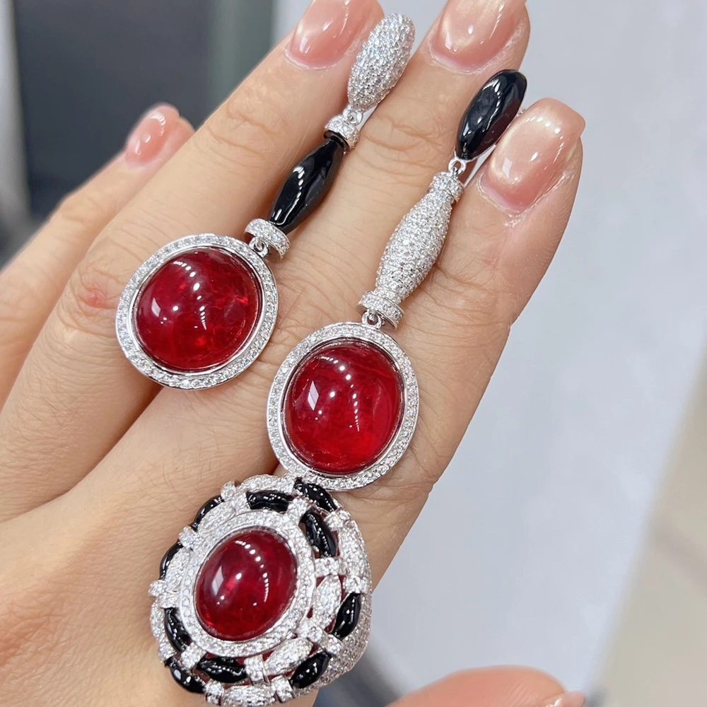 

ARIGAYA Real 925 Silver Black Resin Lab Green Emerald Red Ruby Sapphire Blue Carbon Diamond Gemstone Long Earrings Rings Jewelry