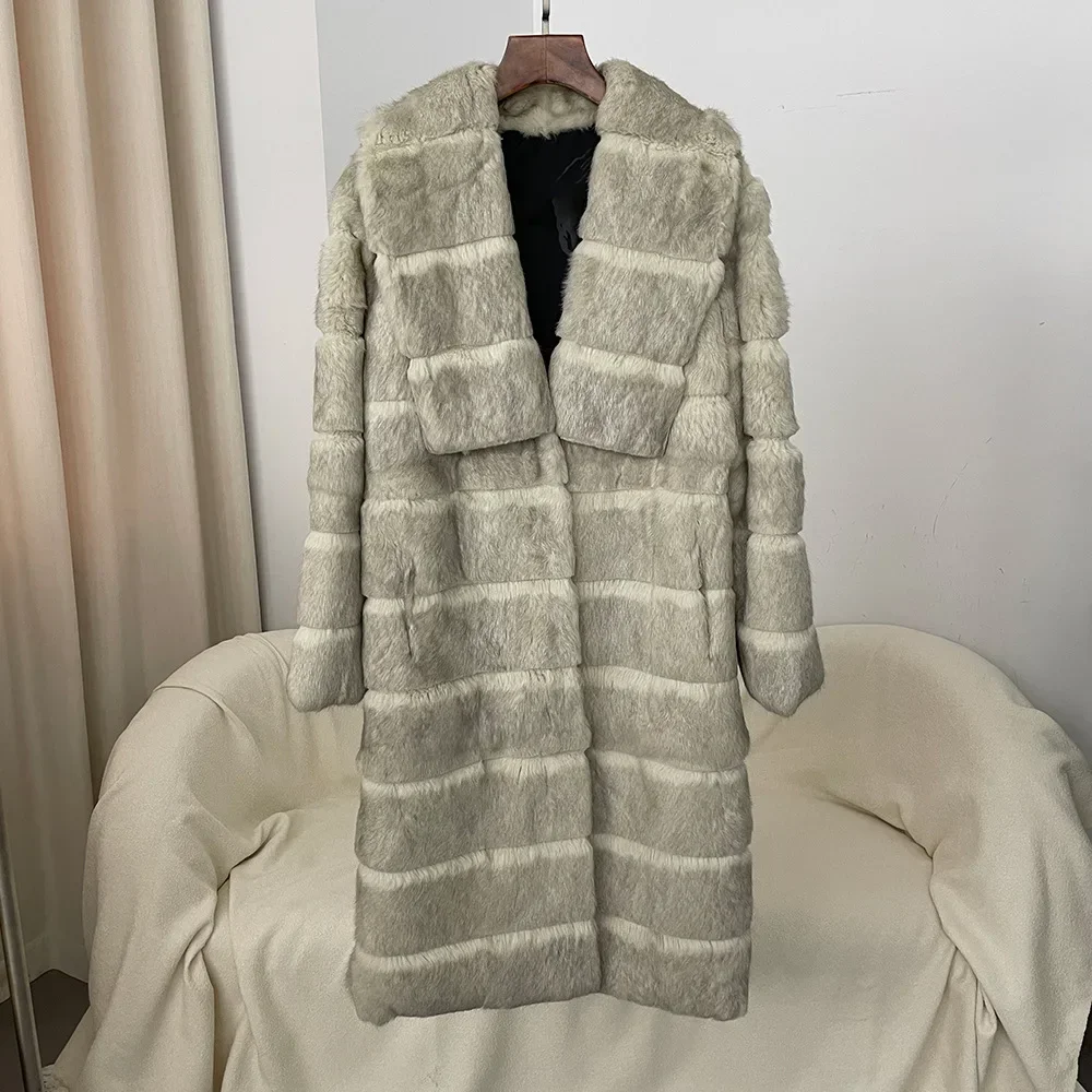 2024 herbst/Winter Natürliche Kaninchen Pelzmantel Pelz Onesie frauen Revers Mid-länge Warme Dicke Mantel Benutzerdefinierte farbe