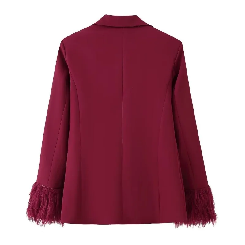 A New Autumn Fashion Women's Set with Featuring A Feather-fitted Suit Top and Trousers Solid Color Elegant Two Piece Suit.