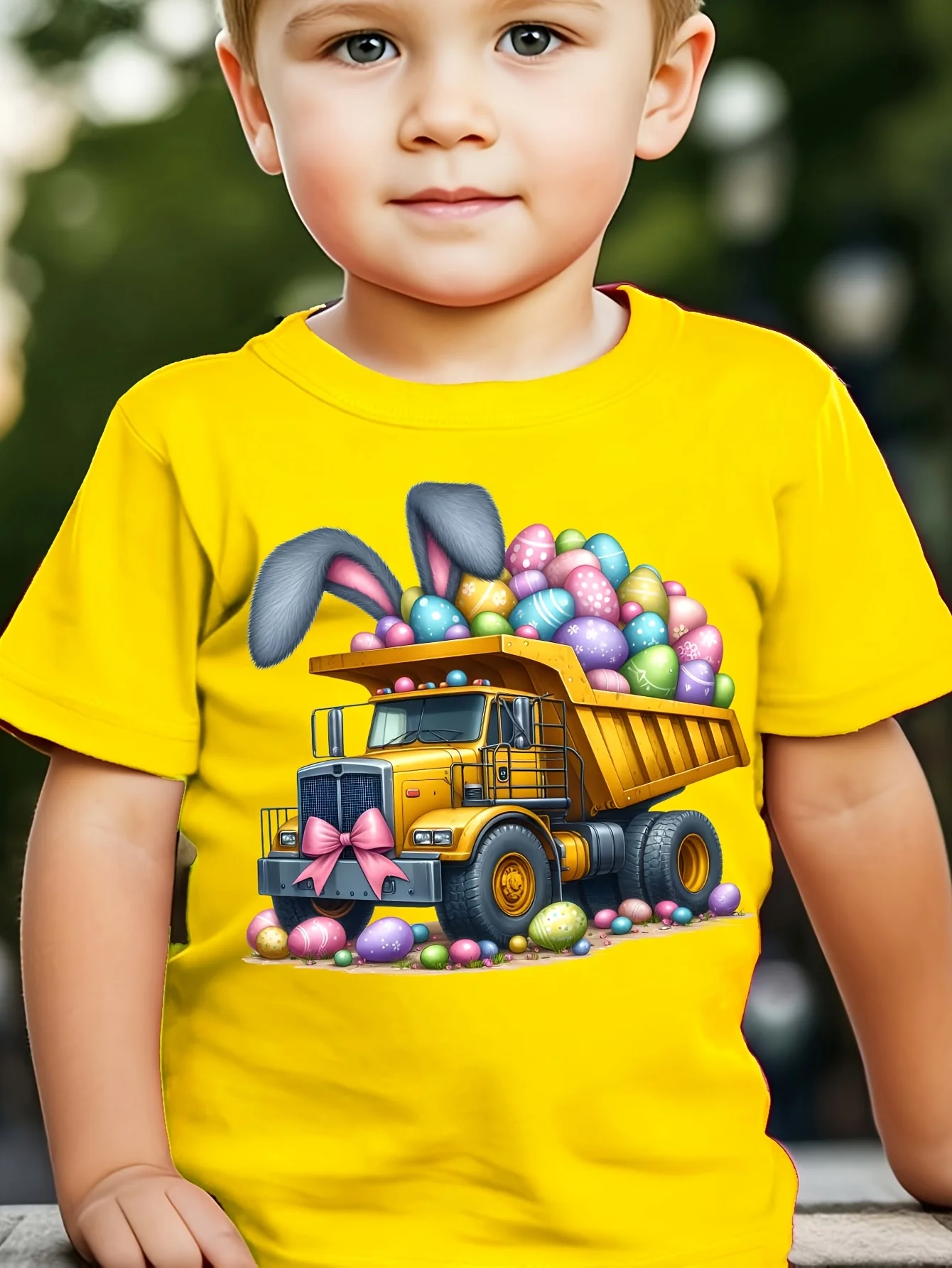 Truck Full of Easter Eggs, Fashionable Rabbit Ear Print Creative Spring and Summer Round Neck T-shirt, Casual Parent-child Top