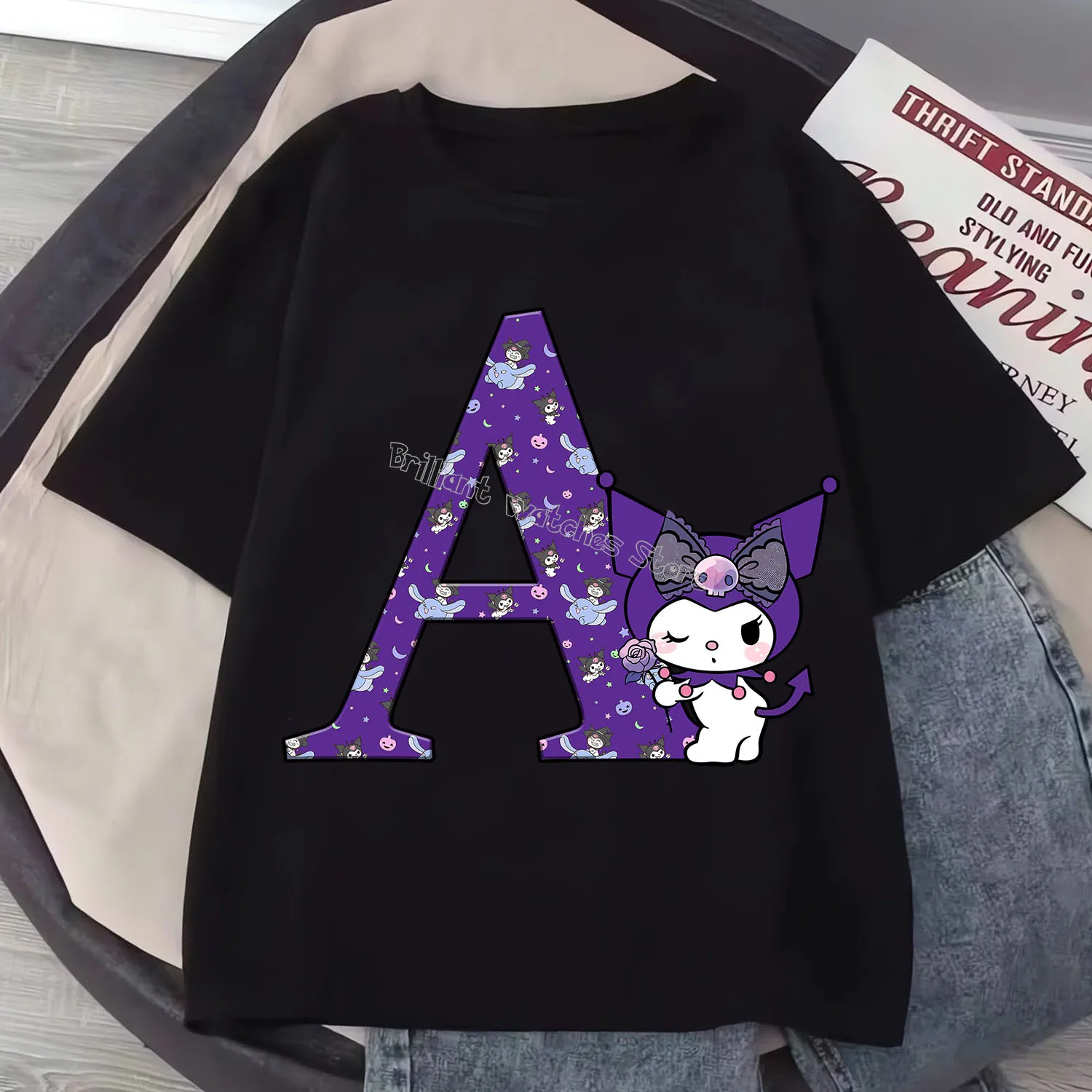 Kuromi Letter A-Z T-shirt Children Cute Sanrio Cartoon Clothes Fashion Clothing New Black Short Sleeve Summer Tee Top Kids Gift