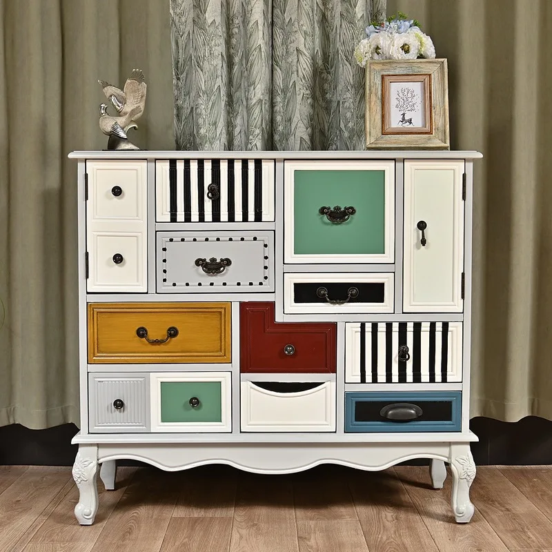 

European and American rural contrasting color multi-chest cabinet foyer porch partition neoclassical pastoral painted solid wood