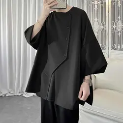 Irregular Shirt Men's Japanese Fashion Brand Men's Three-quarter Sleeve Shirt Thin Button Splicing Top