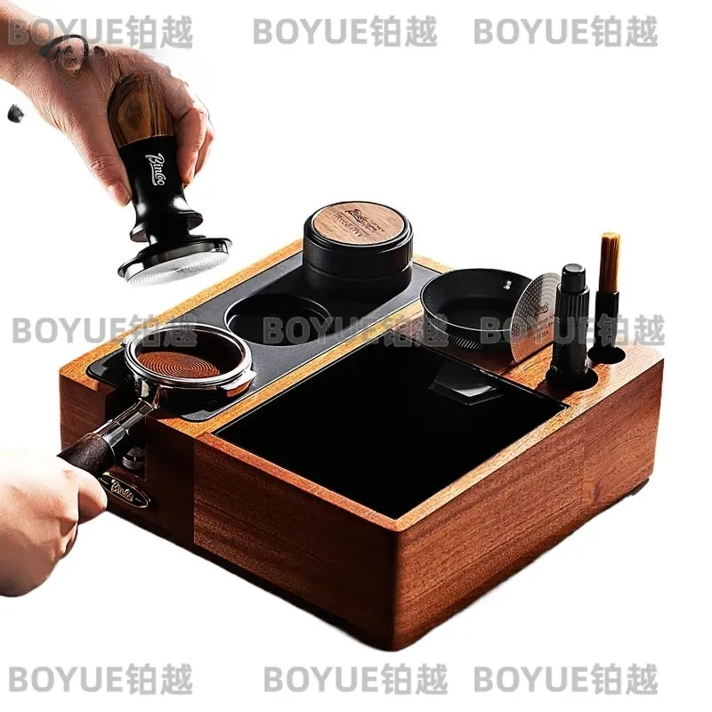 Solid Wood Espresso Tamper Base with Knock Box Integrated Coffee Grounds Holder Storage Station for Italian Machine