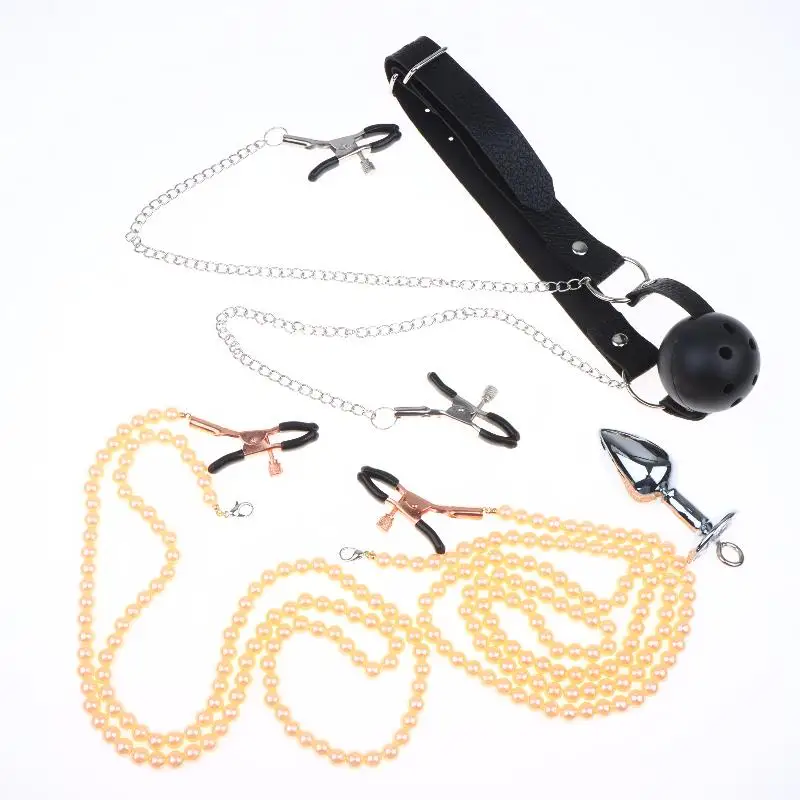 【AD】BDSM Anal Beads Butt Plug Mouth Gag Set Pearl Nipple Clamps With Chain Metal Breast Clip Bondage Slave For Women Sex Toy Kit view 4