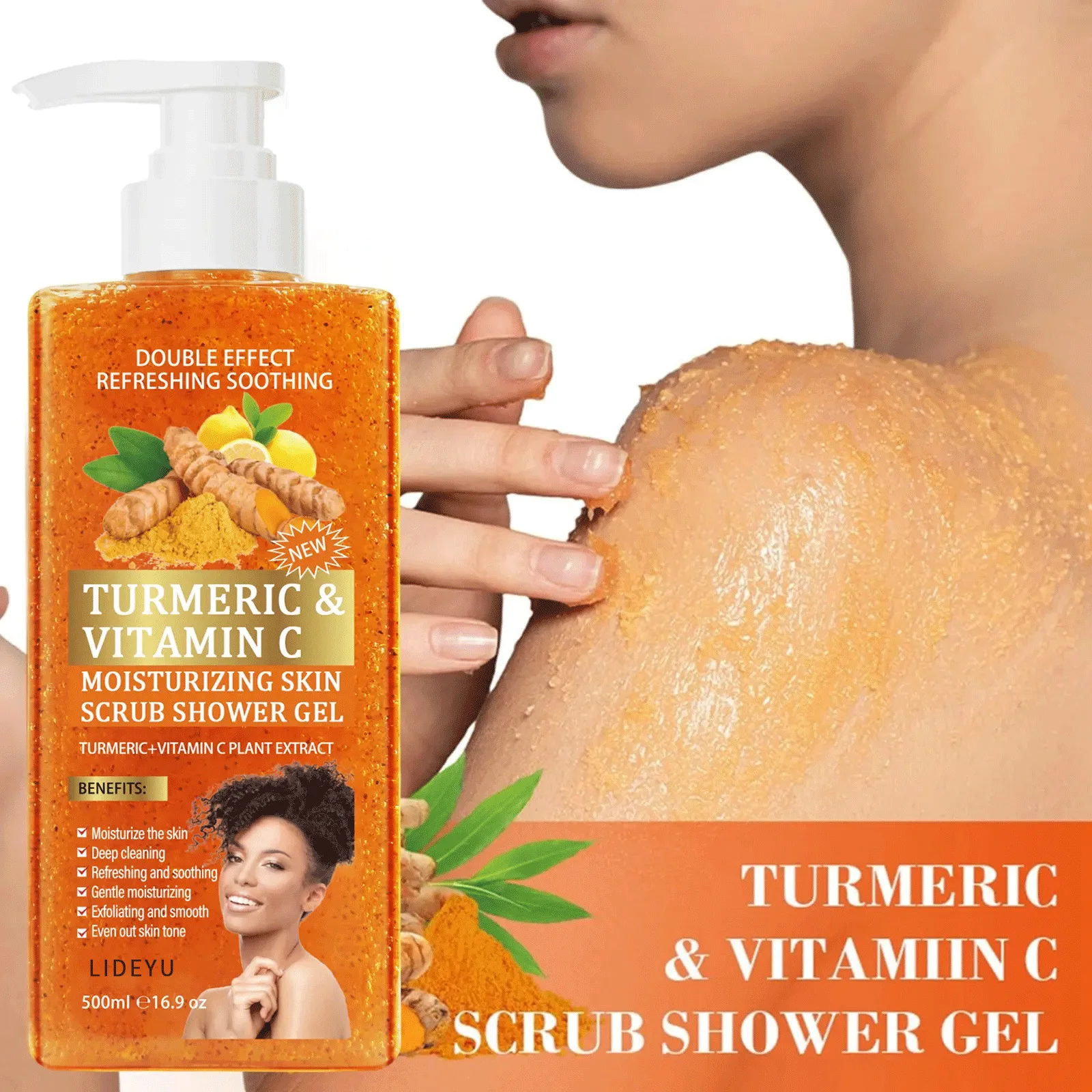 500ml Turmeric Vitamin C Scrub Shower Gel Exfoliating Deep Cleansing Moisturizing Even Skin Tone Refreshing Body Wash