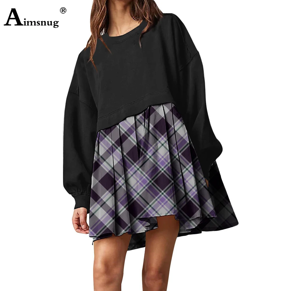 Aimsnug 2023 New Patchwork Dress Women Elegant Mini Dress Long Sleeve Model Plaid Dresses Ladies Vintage Loose Sweat Dress