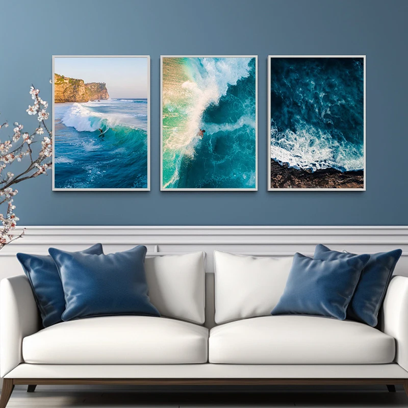 Beach Sunset Surfer Surfing Colorful Wave Surreal Poster Canvas Painting and Prints Wall Art Holiday Picture for Room Home Decor