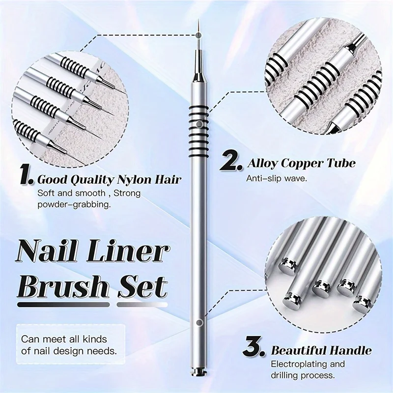 Nail Art Liner Brushes Set Metal non-slip pen holder Elongated Lines Striping Drawing UV Gel Painting Design Pen Manicure Tools