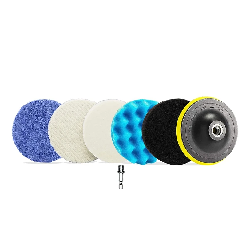 

5 Inch Wool Polishing Buffing Pads Kit, 7 Pcs Waxing Buffing Polishing Sponge With M14 Drill Adapter