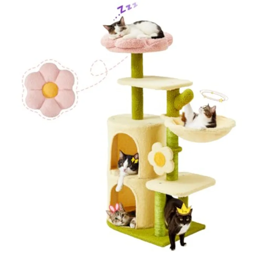 

Flower Cat Tree 38.2 Inches Multi-Level Indoor Kitty Tree with Cozy Top Flower Platform Spacious Condos Soft Hammock Sisal Scra