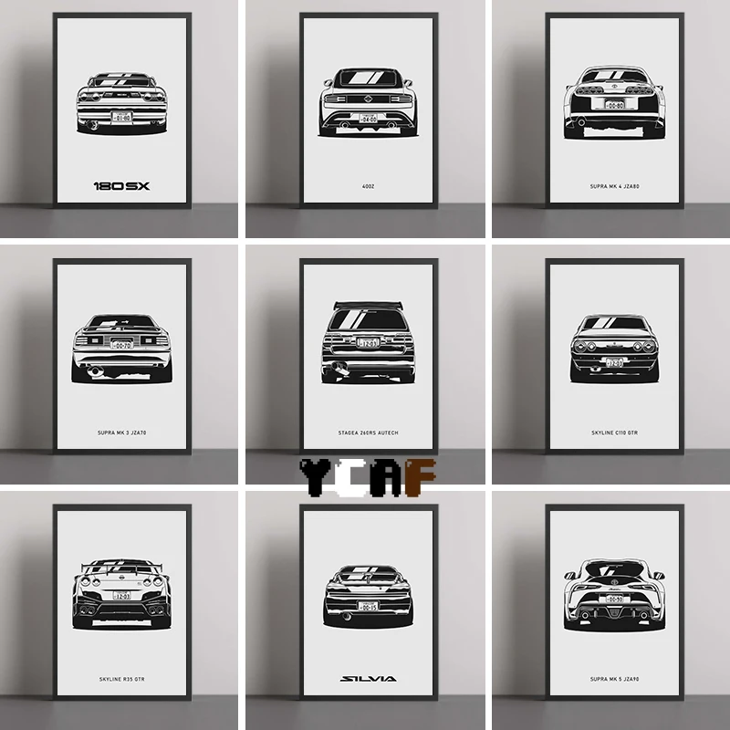 Automotive Rear View Poster Canvas Prints Automotive Minimalist Wall Art Picture JDM Cars Artwork Design Poster Home Room Decor