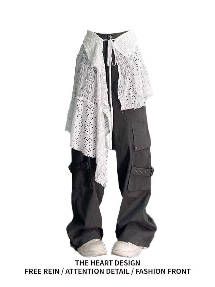 الأمريكية الحلو فتاة باردة العمل السراويل النسائية ربيع الخريف تصميم جديد فستان من الدانتيل تقليم فضفاض الطابق طول السراويل