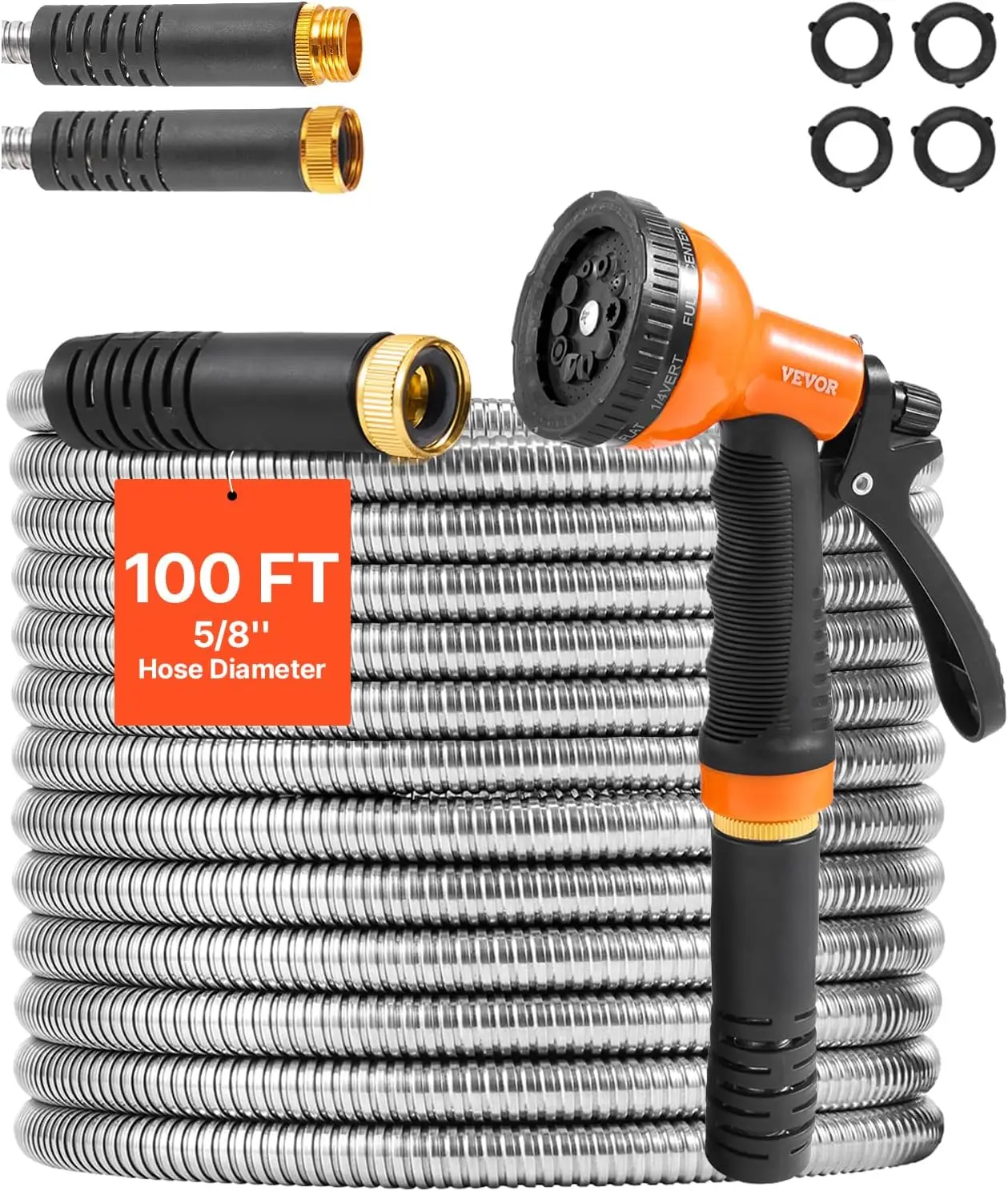 Garden Hose Metal 100FT – Heavy Duty Stainless Steel Water Hose, Flexible, No Kink & Tangle, Puncture Resistant & Rust Proof, Li
