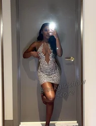 Sparkling Silver Diamante Mini Cocktail Dress 2024 Luxury Sexy Crystal Rhinestone Black Teenage Birthday Party Dresses فساتين سه