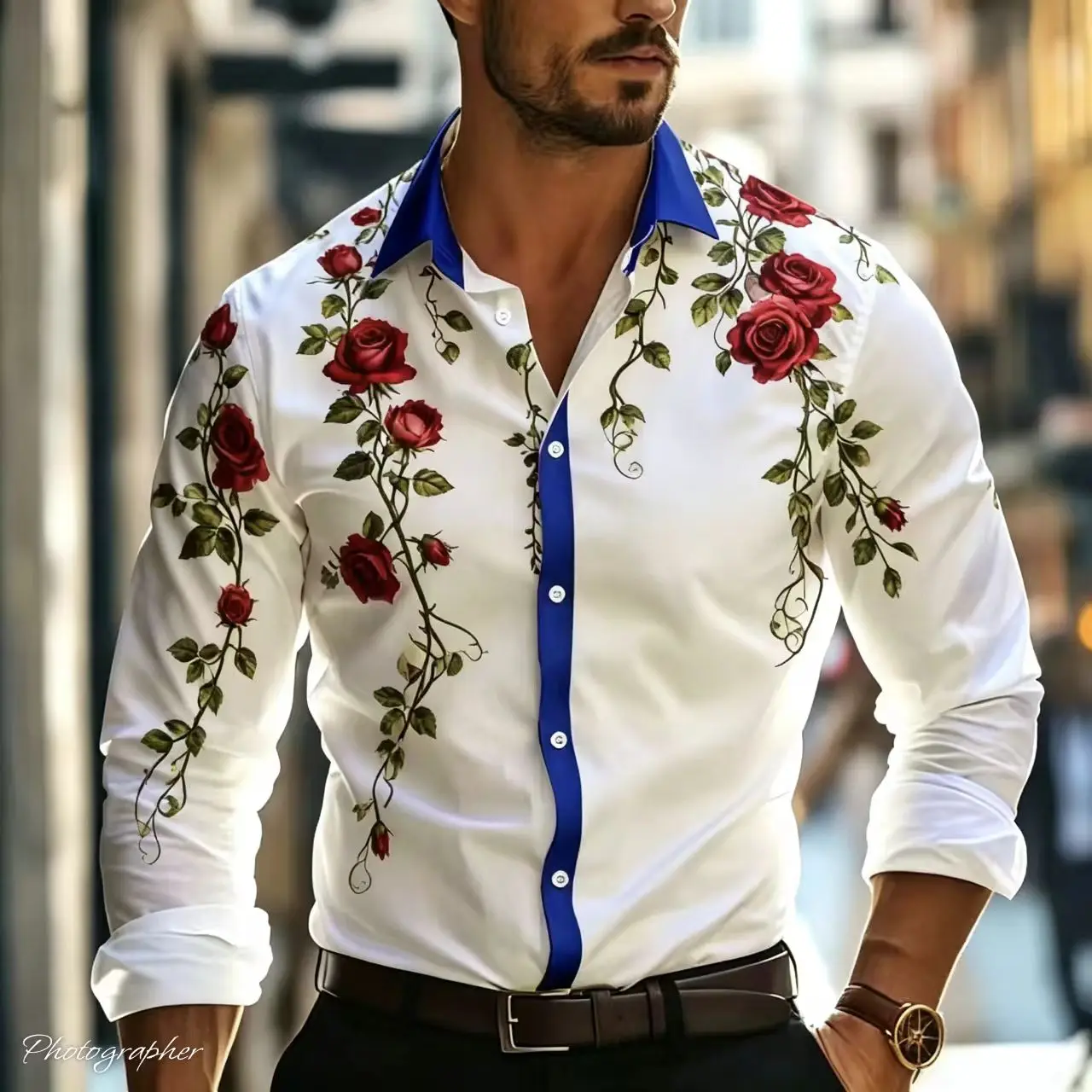Men's Shirt Red Rose Vine Floral Print Long Sleeve Button Down Shirts Contrast Blue Collar Fashion Party Tops Men Clothing