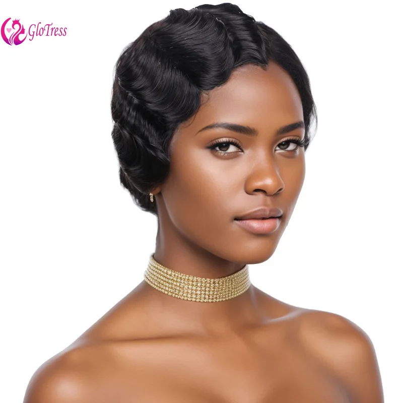 

High Quality Virgin Remy Human Hair Short Wigs Pixie Cut Wig Water Wave Styled A Chic and Natural Look Multiple Colors Available