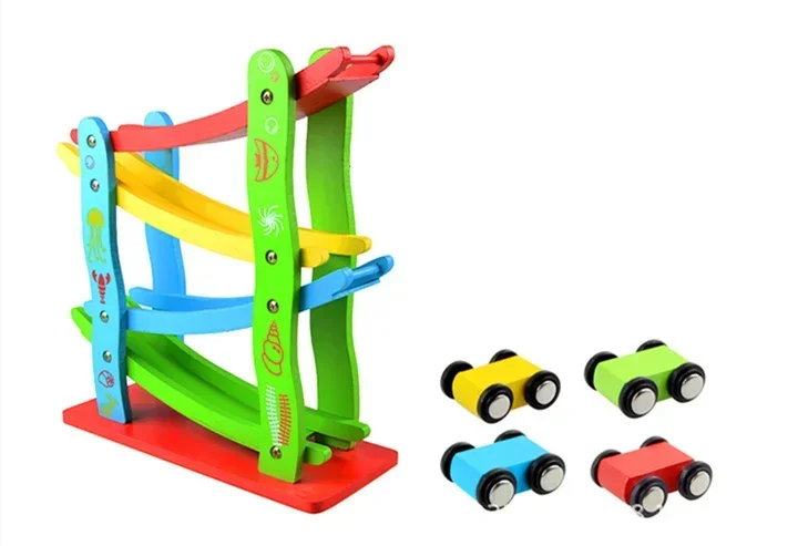 [ Funny ] Wooden orbital speed cars colorful Educationa Slot model toy Four layers orbit 4 cars model Pull Back Racing car toy