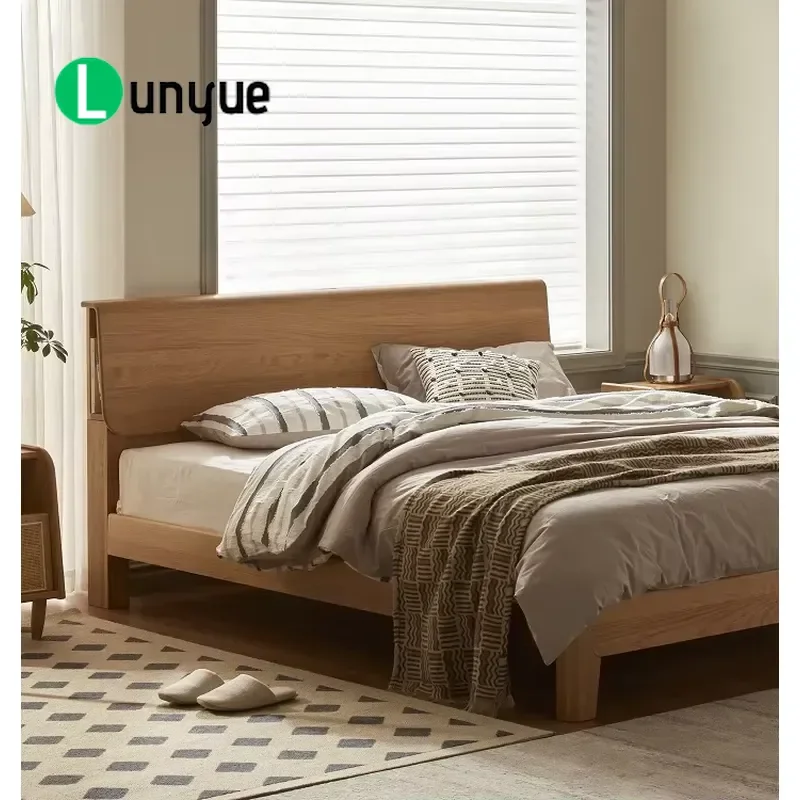 Modern Solid Oak King Bed Wooden Double Bed Frame with Low Plank for Bedroom Furniture Durable Natural Wood Sleep System