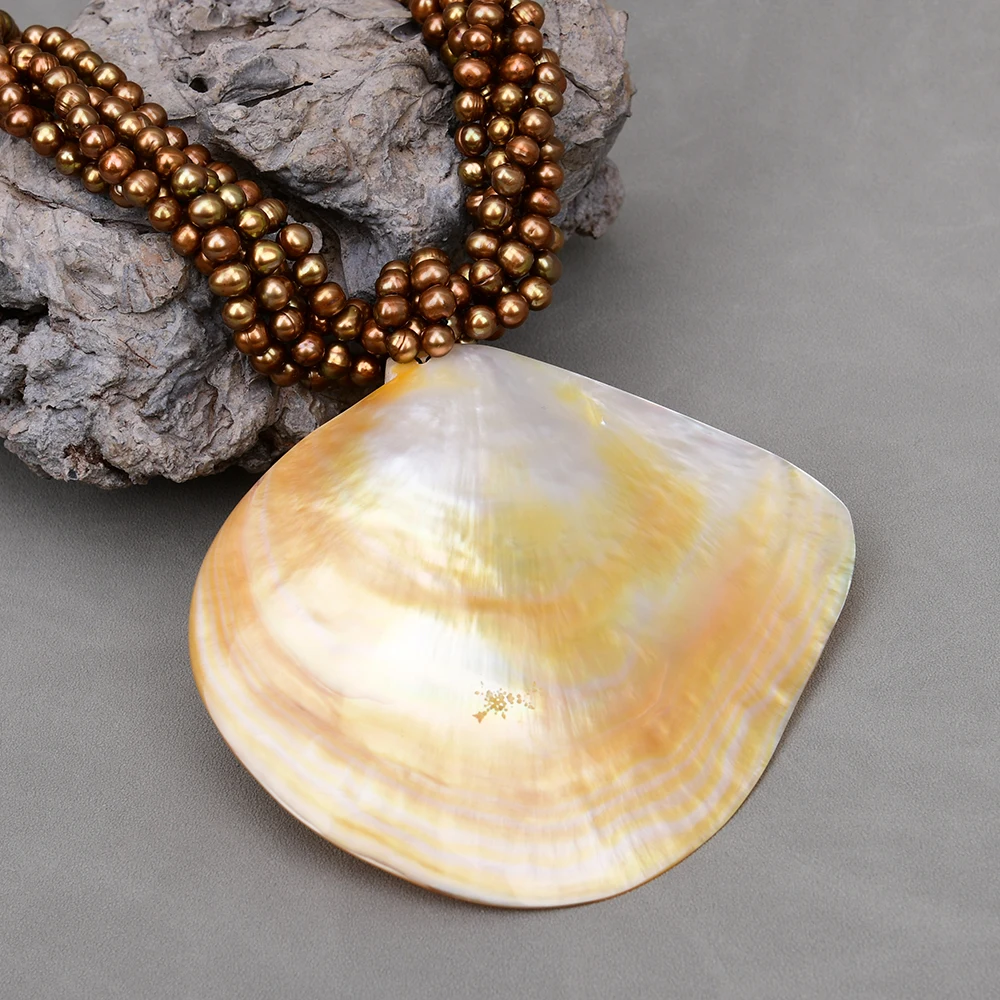 G-G 19\'\' 5 Rows Natural Coffee Potato Round Pearl Necklace Big Yellow Sea Shell Pendant Handmade For Lady