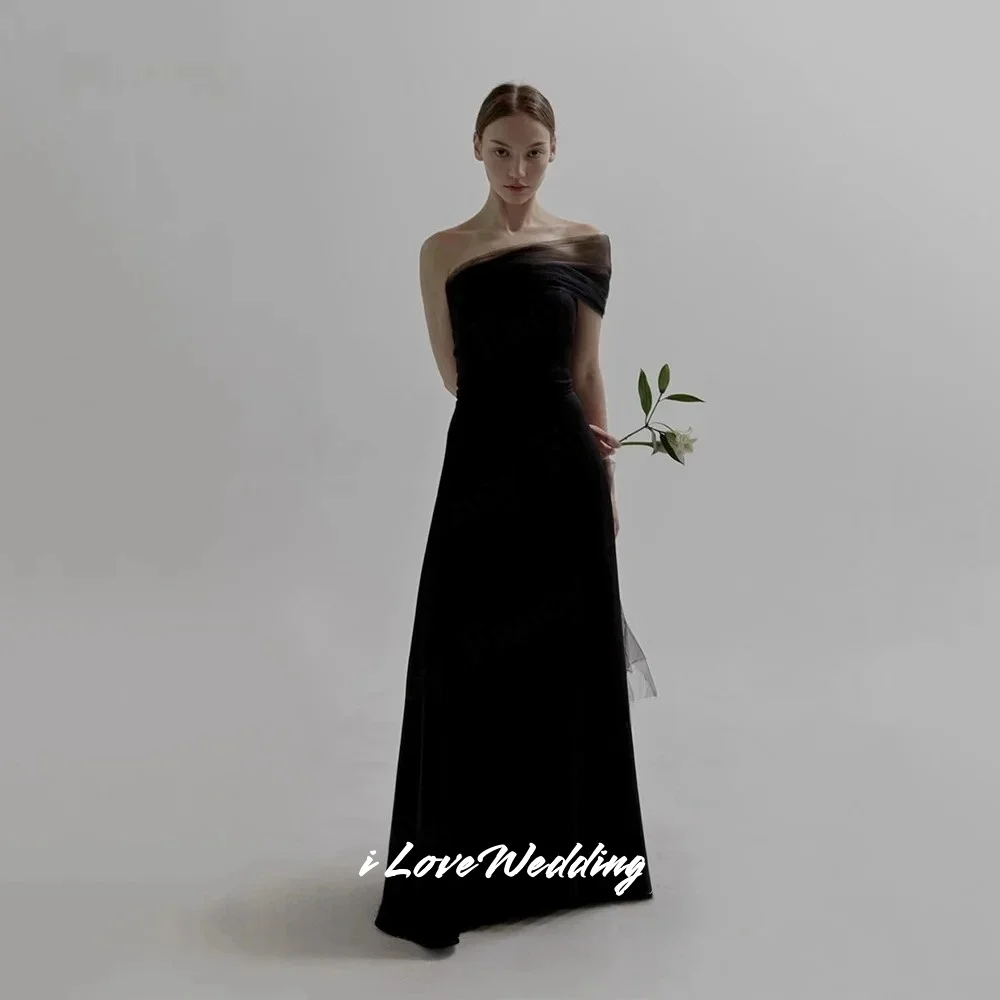 

Black One Shoulder Prom Dresses 2025 Tulle Strapless A-Line Pleated Evening Dress Floor-Length Wedding Party Dresses Customized