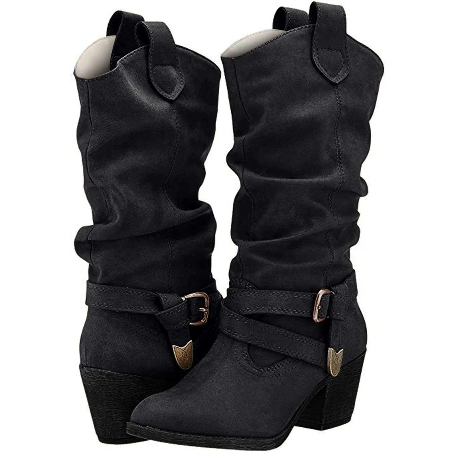 

Gothic Shoes Boots Women Boots Female 2024 Womens Leather Cross Strap Knee-High Buckle Shoe Cowboy Low-heeled Slip-On Boots